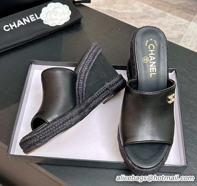 Discount Chanel CC Logo Black Calfskin Leather Wedge Sandals 6052206