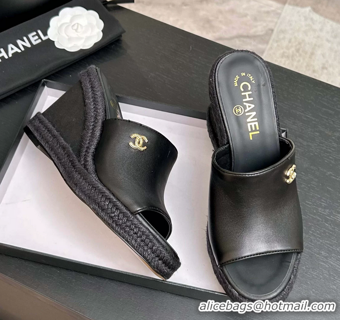 Discount Chanel CC Logo Black Calfskin Leather Wedge Sandals 6052206