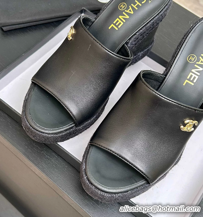 Discount Chanel CC Logo Black Calfskin Leather Wedge Sandals 6052206