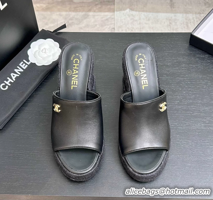 Discount Chanel CC Logo Black Calfskin Leather Wedge Sandals 6052206