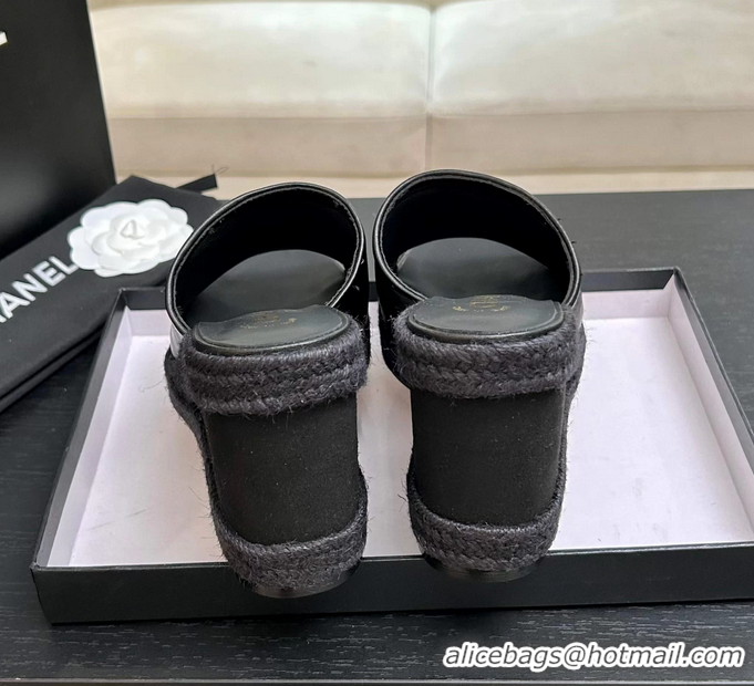 Discount Chanel CC Logo Black Calfskin Leather Wedge Sandals 6052206