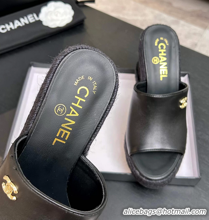Discount Chanel CC Logo Black Calfskin Leather Wedge Sandals 6052206