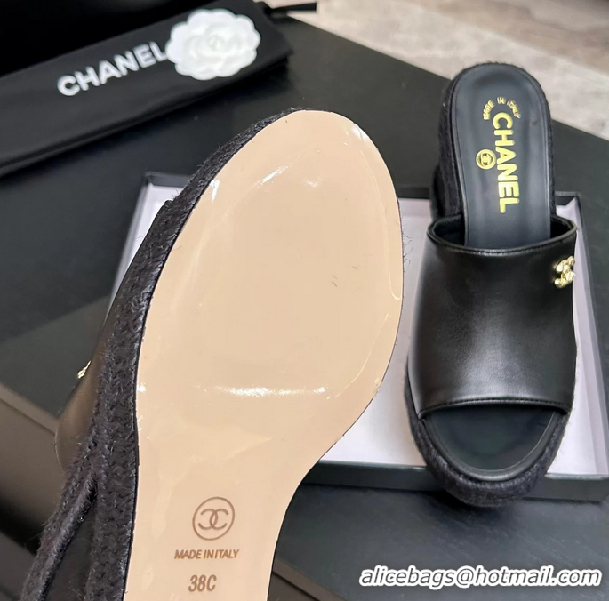 Discount Chanel CC Logo Black Calfskin Leather Wedge Sandals 6052206