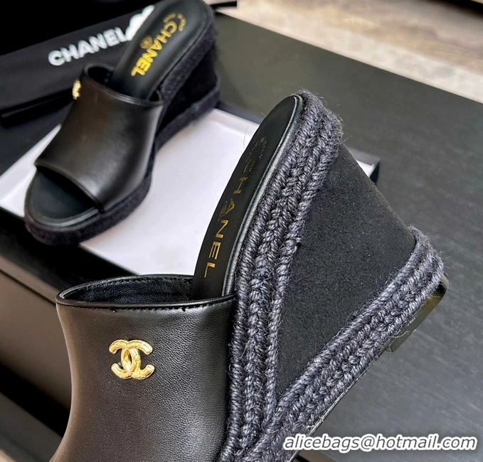 Discount Chanel CC Logo Black Calfskin Leather Wedge Sandals 6052206