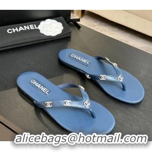 Durable Chanel CC Logo Blue Leather Flat Thong Sandals 6052207