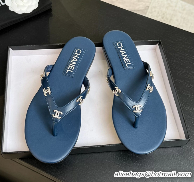 Durable Chanel CC Logo Blue Leather Flat Thong Sandals 6052207