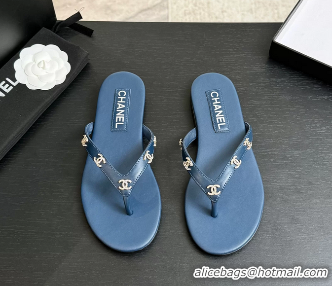Durable Chanel CC Logo Blue Leather Flat Thong Sandals 6052207