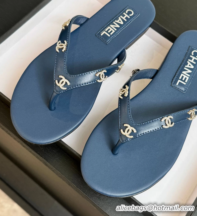 Durable Chanel CC Logo Blue Leather Flat Thong Sandals 6052207