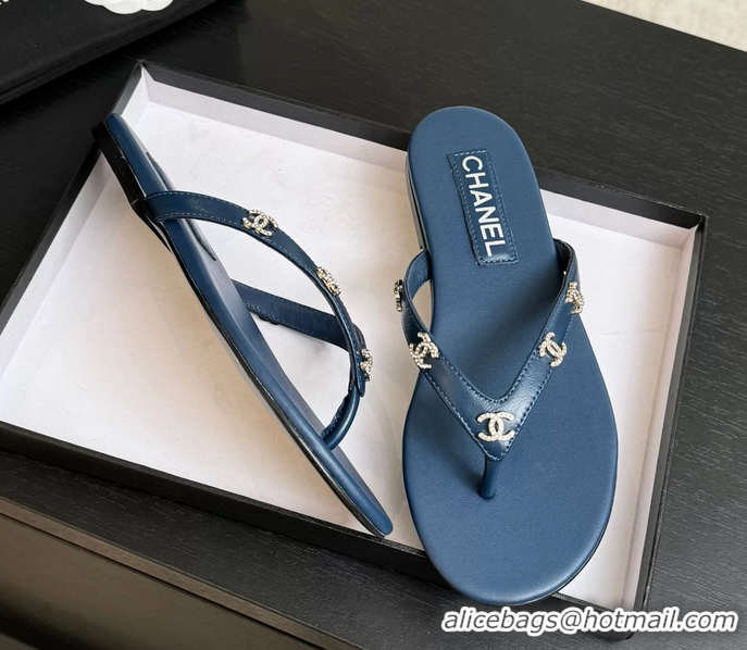 Durable Chanel CC Logo Blue Leather Flat Thong Sandals 6052207