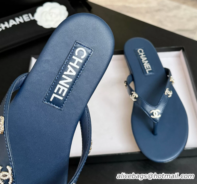 Durable Chanel CC Logo Blue Leather Flat Thong Sandals 6052207