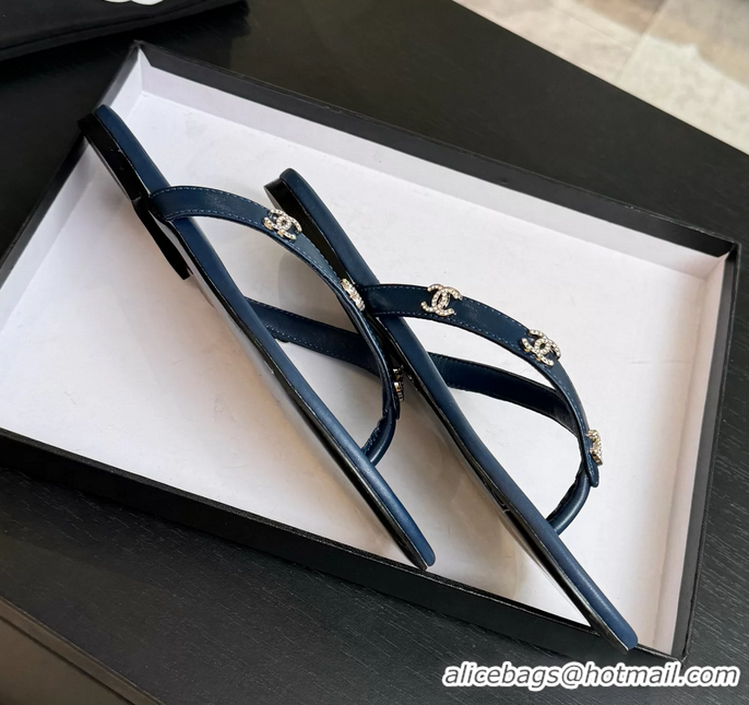Durable Chanel CC Logo Blue Leather Flat Thong Sandals 6052207