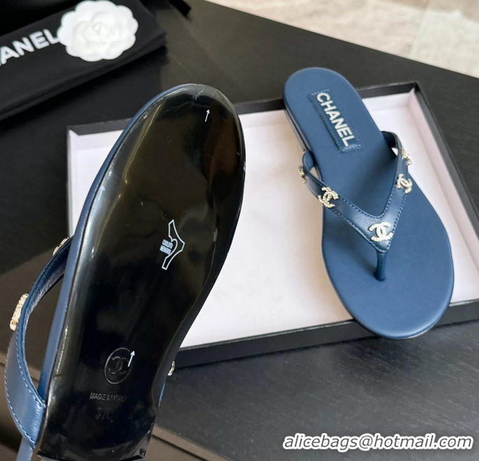 Durable Chanel CC Logo Blue Leather Flat Thong Sandals 6052207