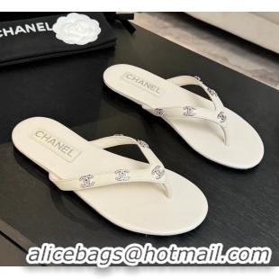 Fashion Chanel CC Logo White Leather Flat Thong Sandals 6052207