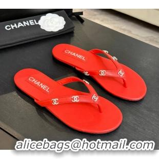 Expensive Chanel CC Logo Red Leather Flat Thong Sandals 6052208