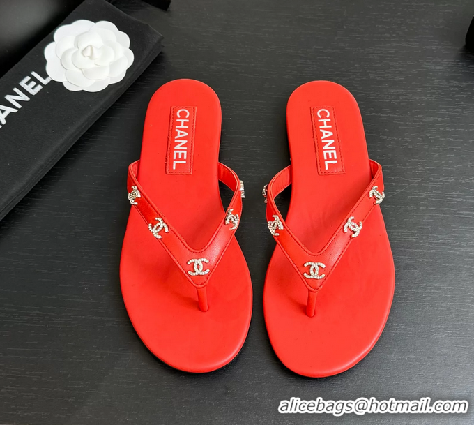 Expensive Chanel CC Logo Red Leather Flat Thong Sandals 6052208
