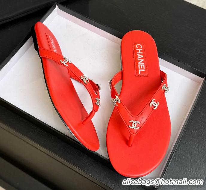 Expensive Chanel CC Logo Red Leather Flat Thong Sandals 6052208