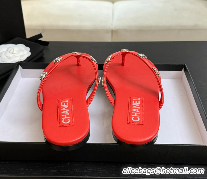 Expensive Chanel CC Logo Red Leather Flat Thong Sandals 6052208