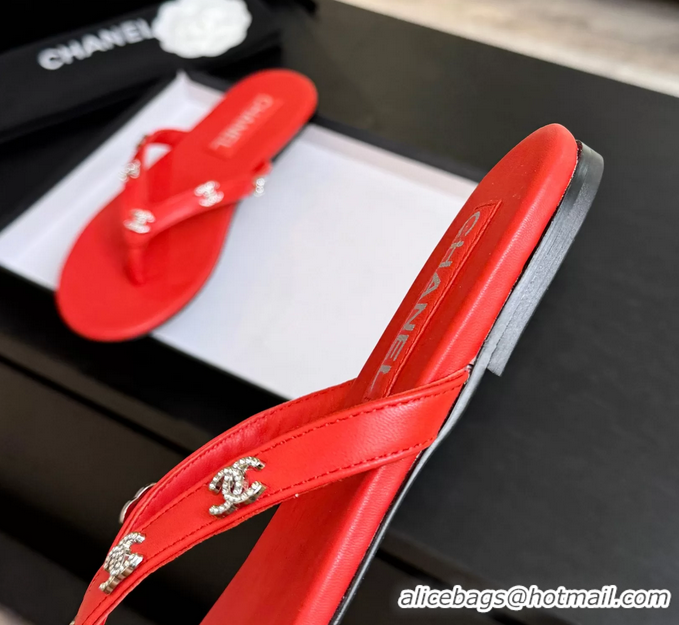 Expensive Chanel CC Logo Red Leather Flat Thong Sandals 6052208