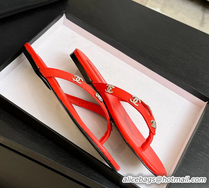 Expensive Chanel CC Logo Red Leather Flat Thong Sandals 6052208