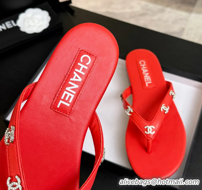 Expensive Chanel CC Logo Red Leather Flat Thong Sandals 6052208