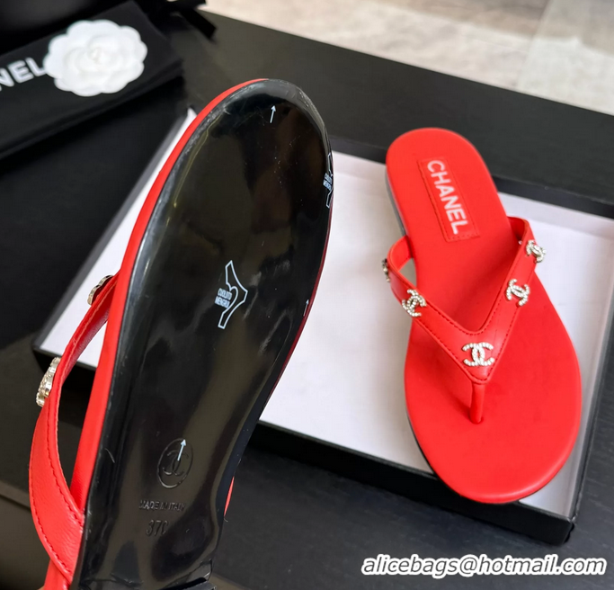 Expensive Chanel CC Logo Red Leather Flat Thong Sandals 6052208