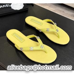 Comfortable Chanel CC Logo Light Yellow Leather Flat Thong Sandals 6052208
