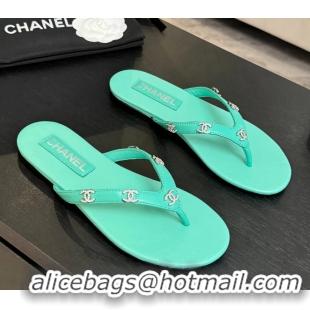 Original Cheap Chanel CC Logo Light Green Leather Flat Thong Sandals 6052208