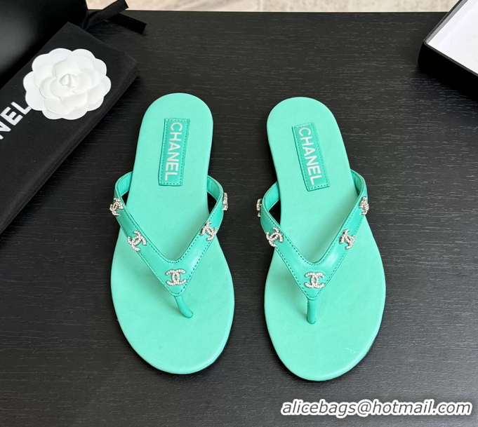 Original Cheap Chanel CC Logo Light Green Leather Flat Thong Sandals 6052208