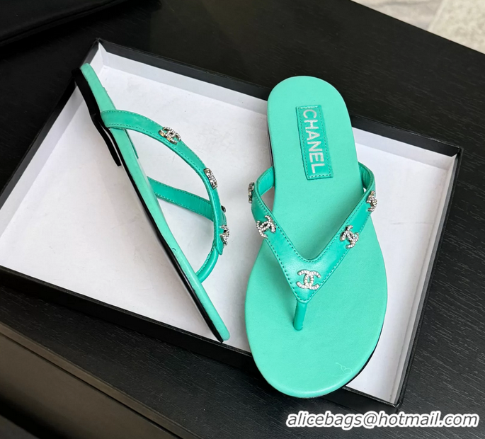 Original Cheap Chanel CC Logo Light Green Leather Flat Thong Sandals 6052208