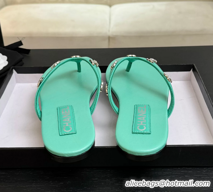 Original Cheap Chanel CC Logo Light Green Leather Flat Thong Sandals 6052208