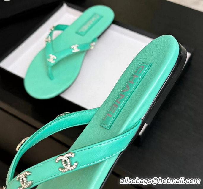 Original Cheap Chanel CC Logo Light Green Leather Flat Thong Sandals 6052208
