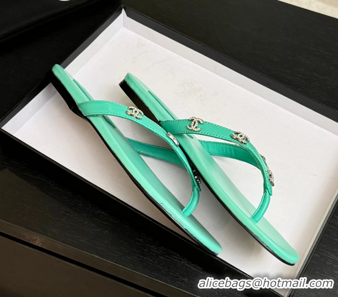 Original Cheap Chanel CC Logo Light Green Leather Flat Thong Sandals 6052208