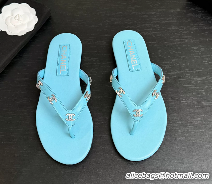 Discount Chanel CC Logo Light Blue Leather Flat Thong Sandals 6052208
