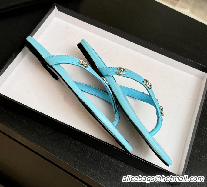 Discount Chanel CC Logo Light Blue Leather Flat Thong Sandals 6052208