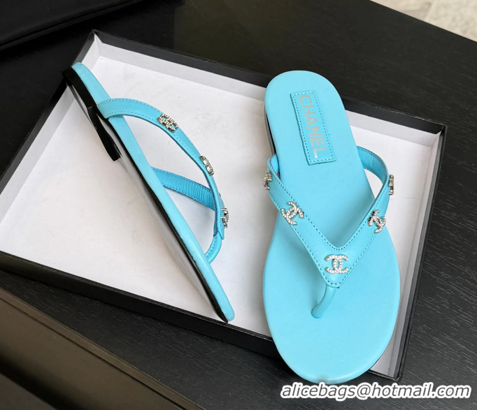 Discount Chanel CC Logo Light Blue Leather Flat Thong Sandals 6052208