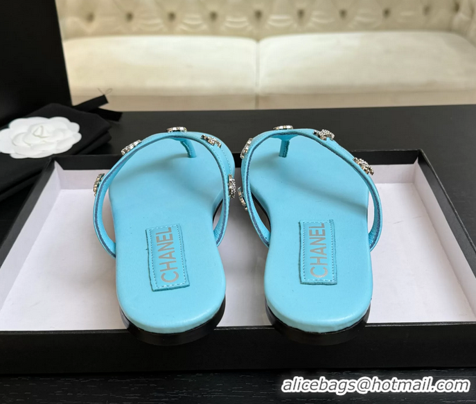 Discount Chanel CC Logo Light Blue Leather Flat Thong Sandals 6052208