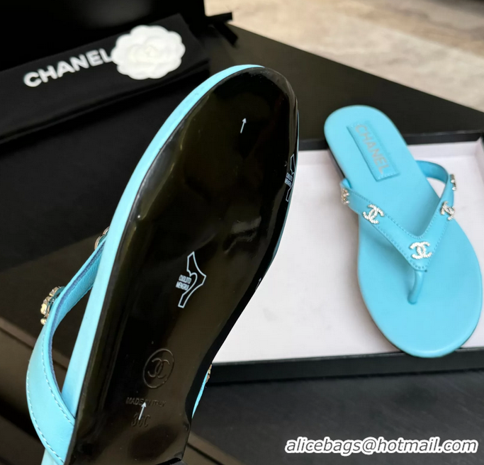 Discount Chanel CC Logo Light Blue Leather Flat Thong Sandals 6052208