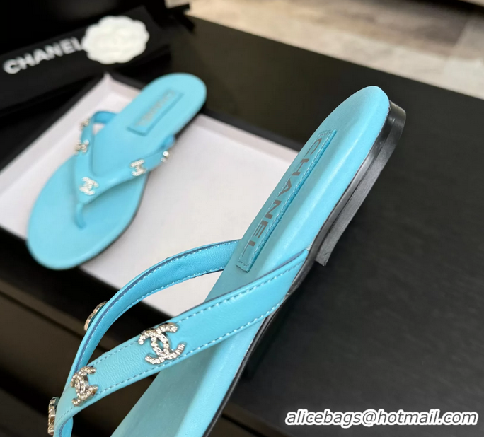 Discount Chanel CC Logo Light Blue Leather Flat Thong Sandals 6052208