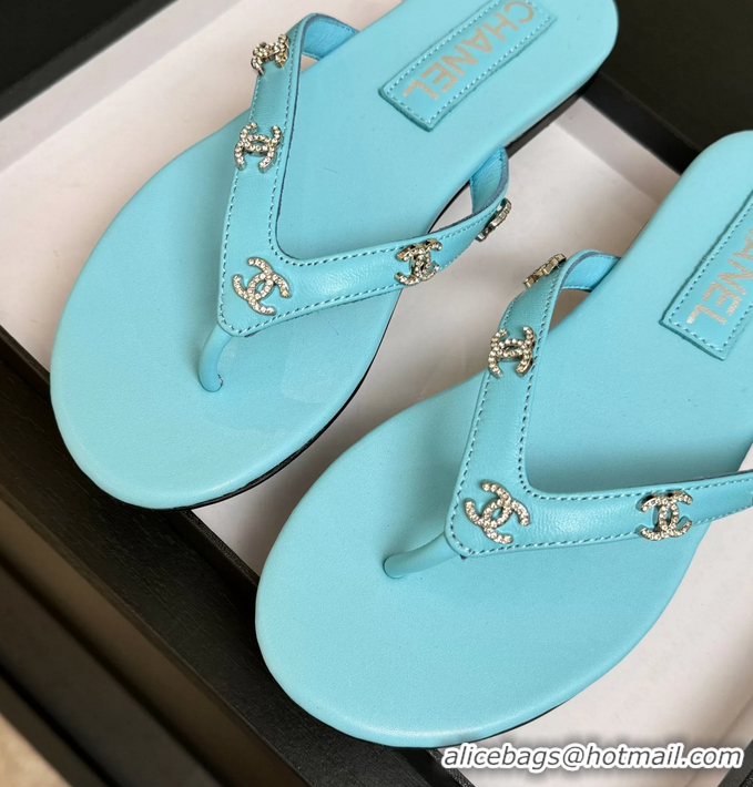 Discount Chanel CC Logo Light Blue Leather Flat Thong Sandals 6052208