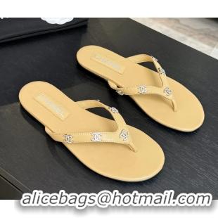 Buy Cheapest Chanel CC Logo Light Beige Leather Flat Thong Sandals 6052208