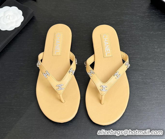 Buy Cheapest Chanel CC Logo Light Beige Leather Flat Thong Sandals 6052208
