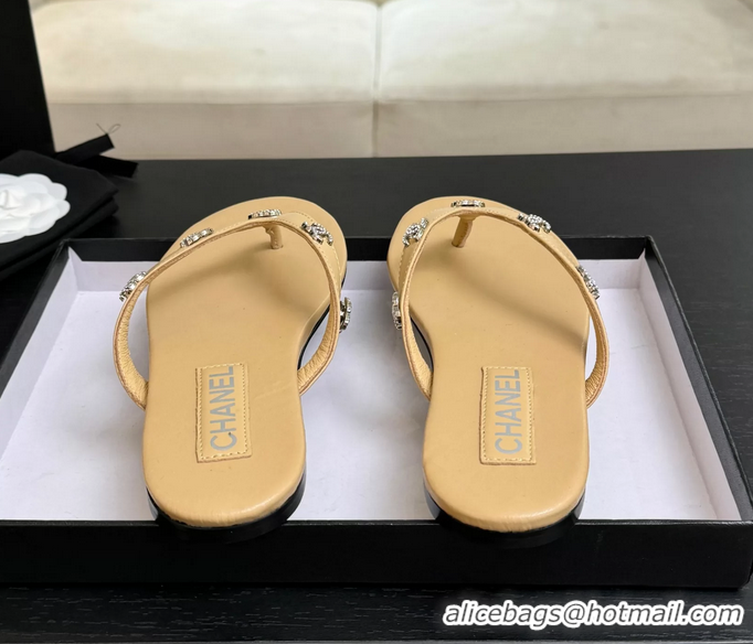 Buy Cheapest Chanel CC Logo Light Beige Leather Flat Thong Sandals 6052208