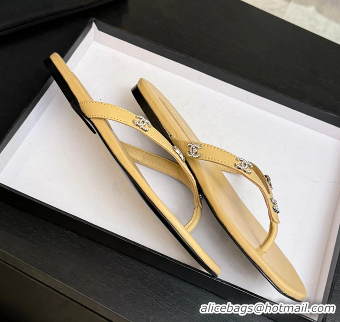 Buy Cheapest Chanel CC Logo Light Beige Leather Flat Thong Sandals 6052208
