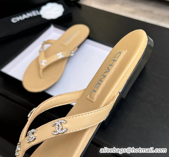 Buy Cheapest Chanel CC Logo Light Beige Leather Flat Thong Sandals 6052208