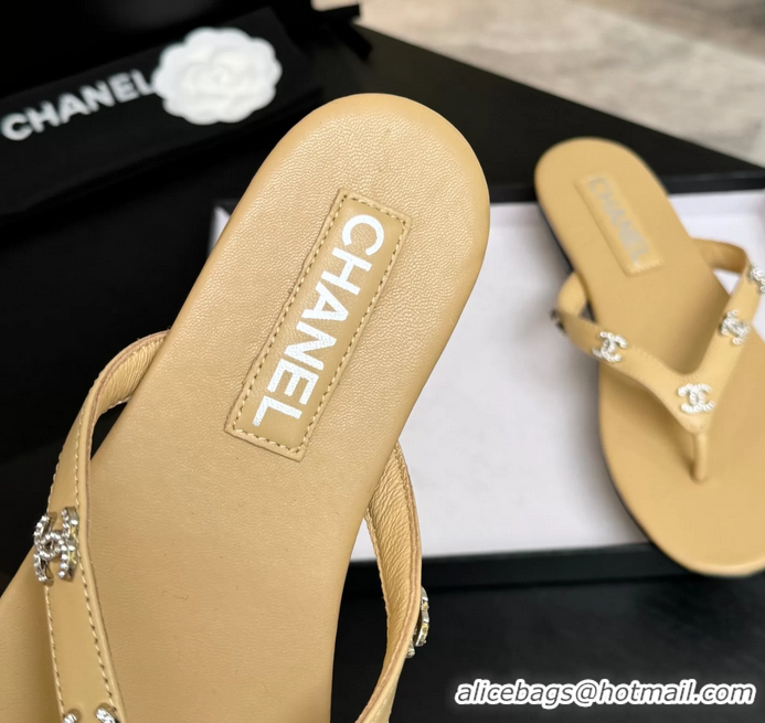 Buy Cheapest Chanel CC Logo Light Beige Leather Flat Thong Sandals 6052208