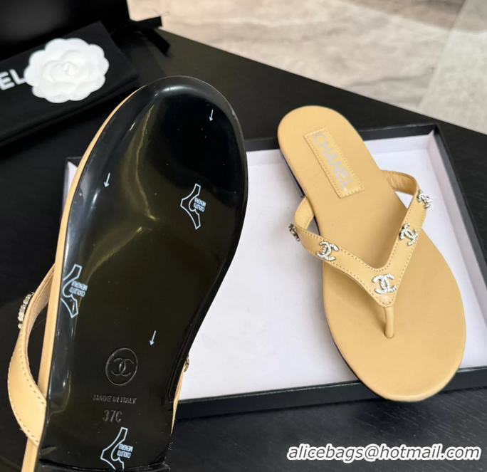 Buy Cheapest Chanel CC Logo Light Beige Leather Flat Thong Sandals 6052208