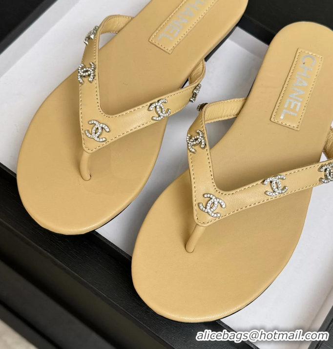 Buy Cheapest Chanel CC Logo Light Beige Leather Flat Thong Sandals 6052208