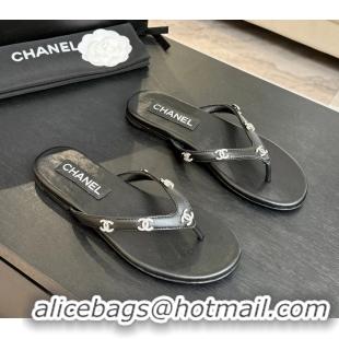 Best Chanel CC Logo Black Leather Flat Thong Sandals 6052208