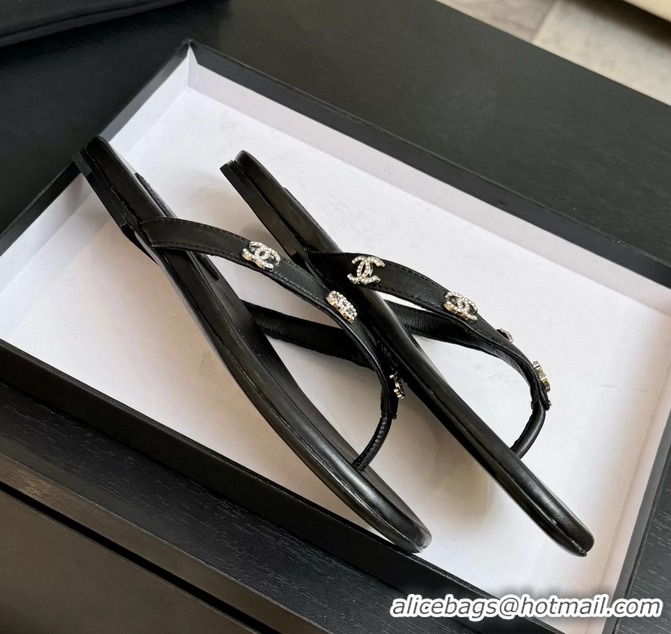 Best Chanel CC Logo Black Leather Flat Thong Sandals 6052208