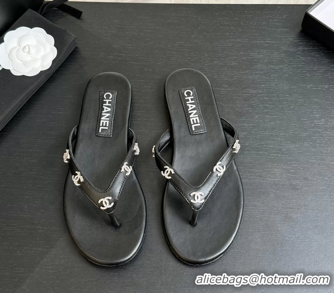 Best Chanel CC Logo Black Leather Flat Thong Sandals 6052208